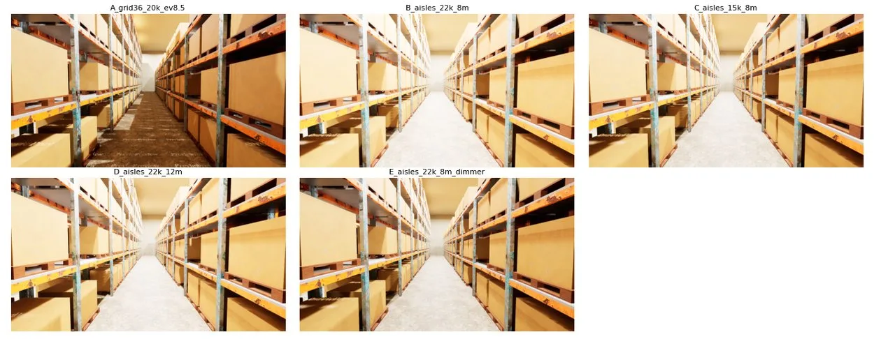 Five lighting variants of one warehouse aisle, each labelled with its variant name