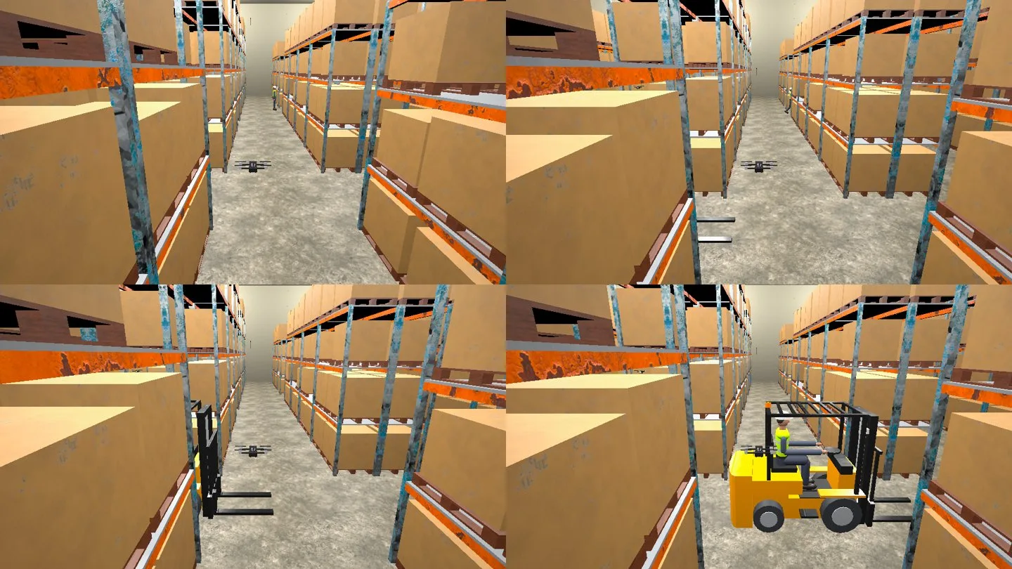 Four renders of the same warehouse aisle with placed hazards: dropped pallets, a drone, a forklift and a person between the racking